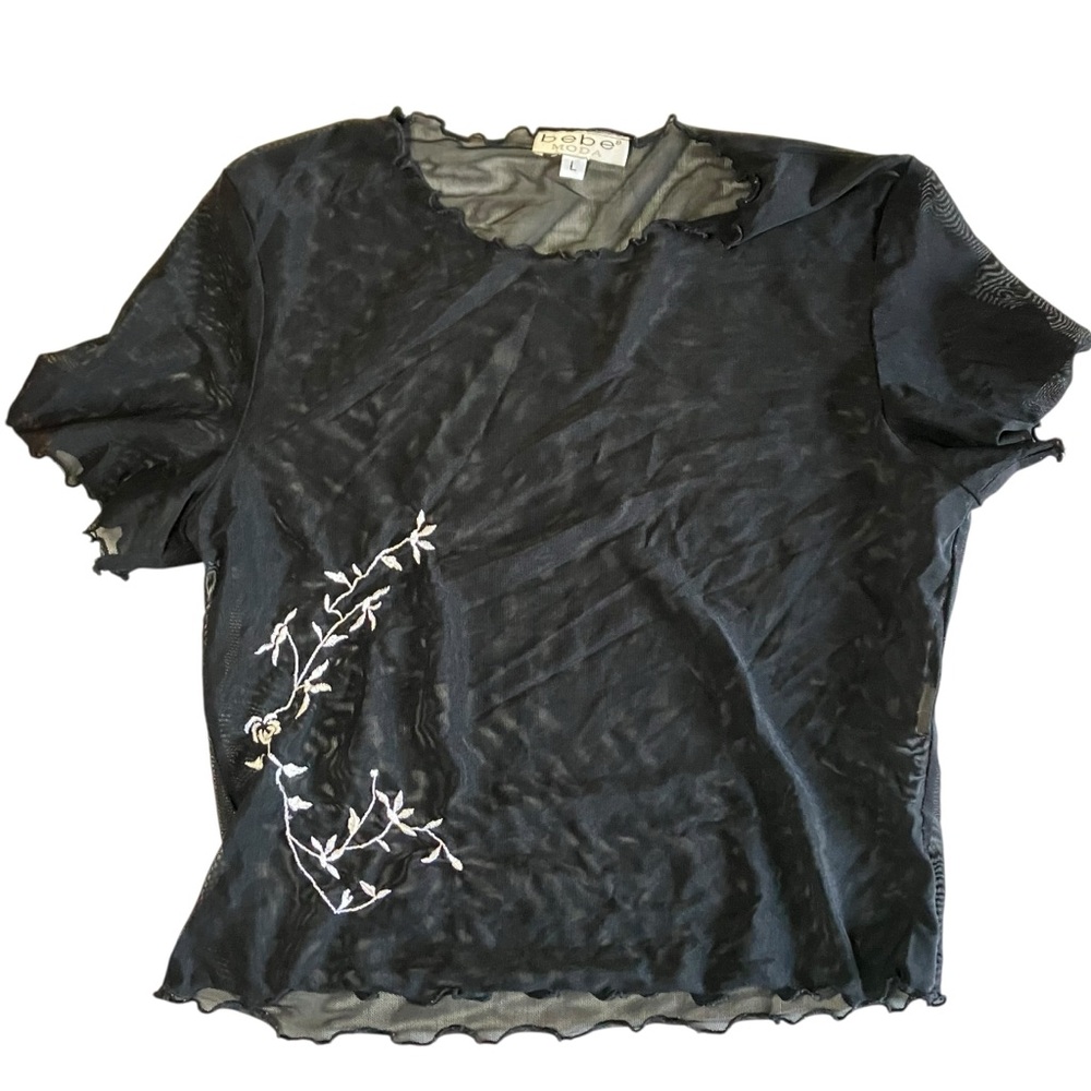 Vintage 90s Bebe Sheer Embroidered Top Lettuce Hem Medium Large